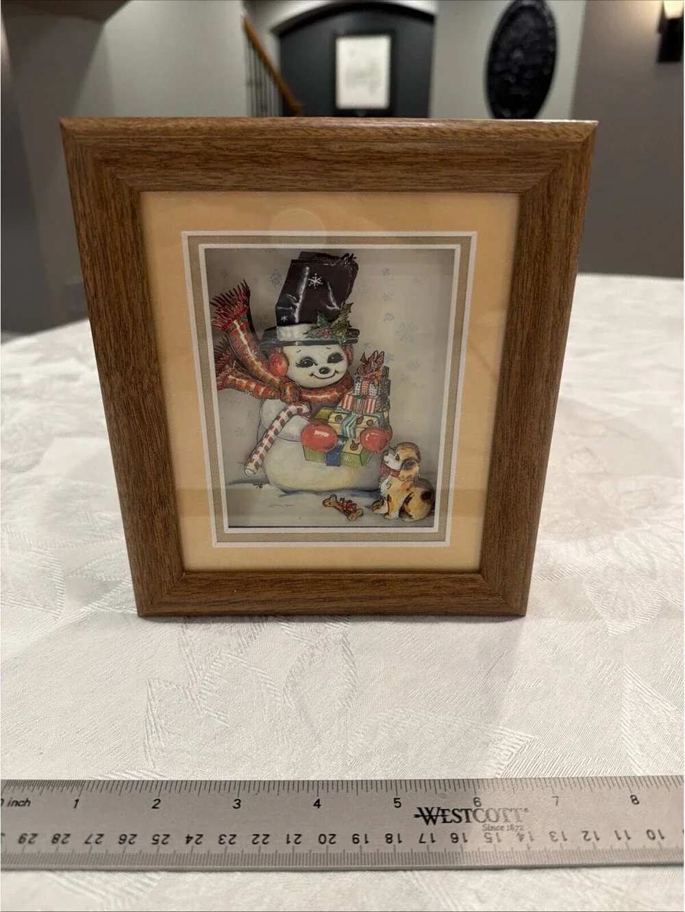 Vtg Christmas 3D Shadowbox Snowman & Puppy  Picture Excellent
